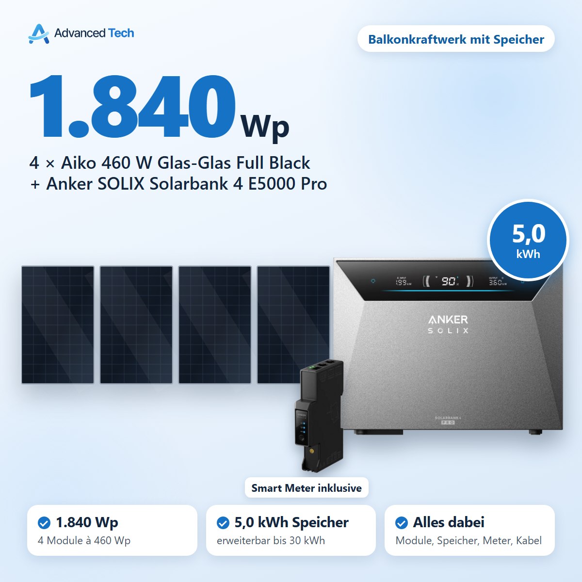 1.840 Wp Balkonkraftwerk mit Speicher: 4× Aiko 460 W + Solarbank 4 Pro