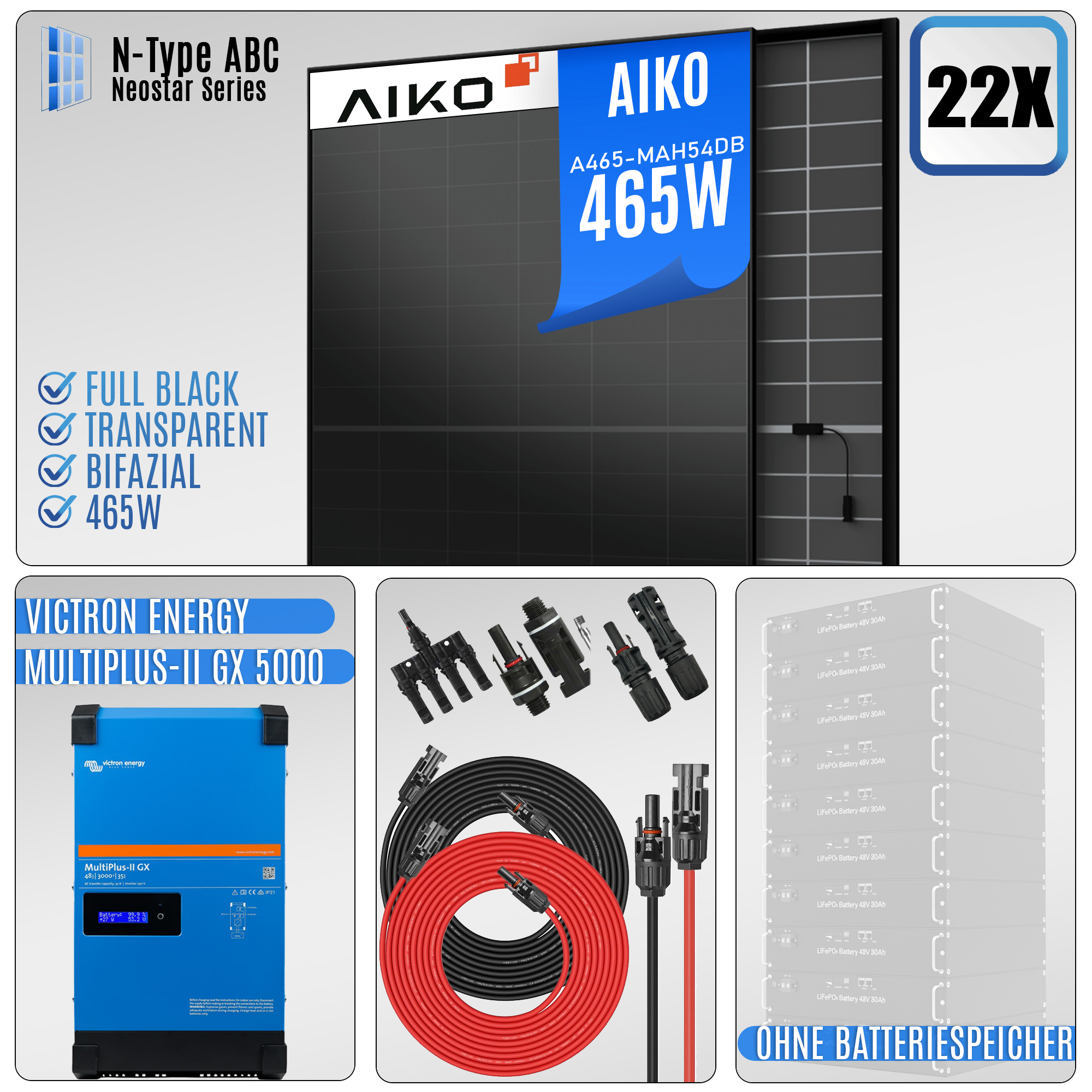 PV Komplettanlage-10KW-Victron MultiPlus-II GX 8000|22x Aiko 465W|ohne Speicher