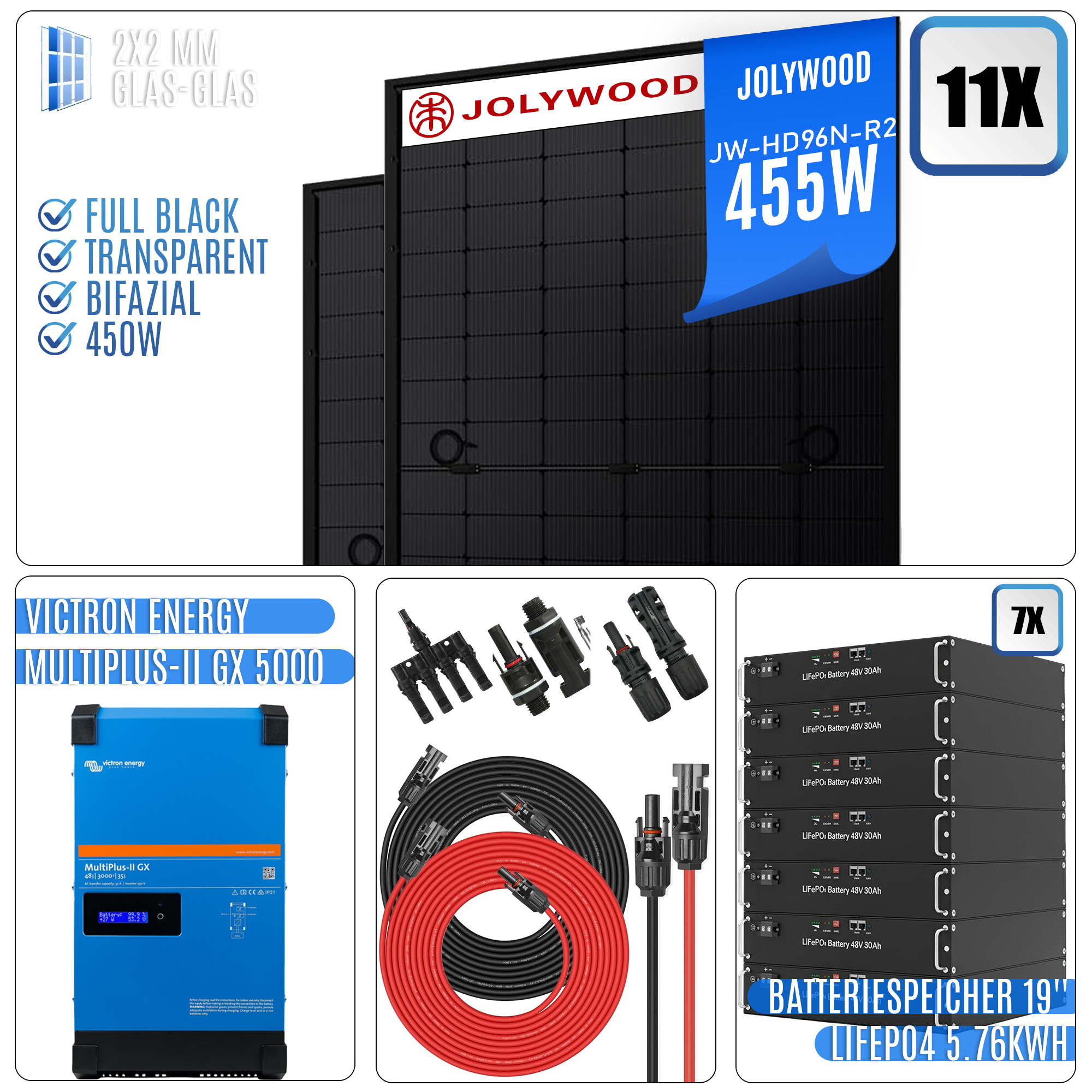 PV Komplettanlage-5KW-Victron MultiPlus-II GX 5000|11x Jolywood 455W|mit Speicher LiFePO4 10.08kWh