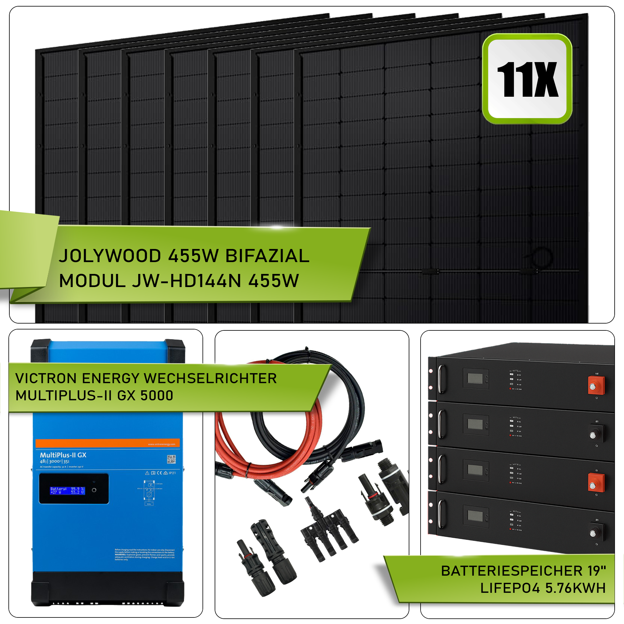 PV Komplettanlage-5KW-Victron MultiPlus-II GX 5000|11x Jolywood 455W|mit Speicher LiFePO4 5.76kWh PV Komplettanlage-5KW-Victron MultiPlus-II GX 5000|11x Jolywood 455W|mit Speicher LiFePO4 5.76kWh