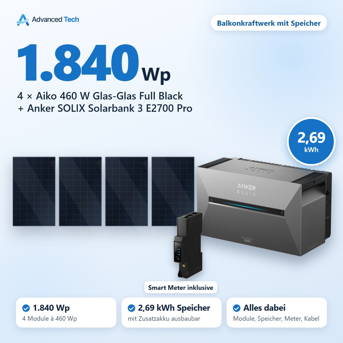 1.840 Wp Balkonkraftwerk mit Speicher: 4× Aiko 460 W + Solarbank 3 Pro