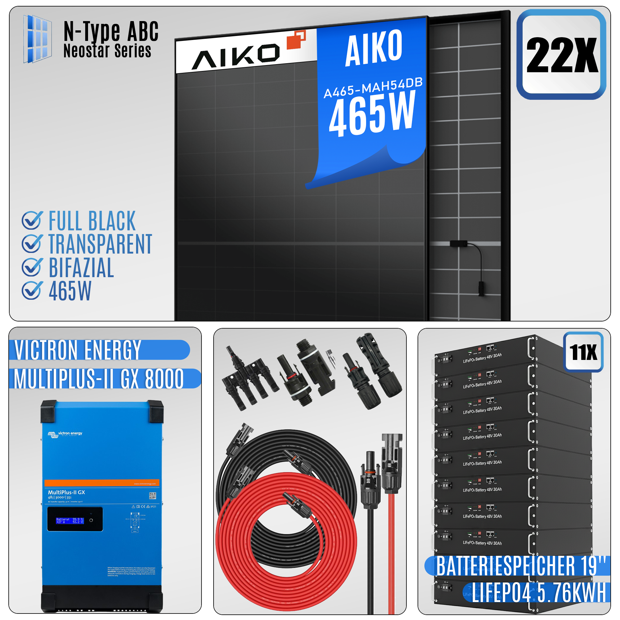 PV Komplettanlage-10KW-Victron MultiPlus-II GX 8000|22x Aiko 465W|mit Speicher LiFePO4 15.84kWh