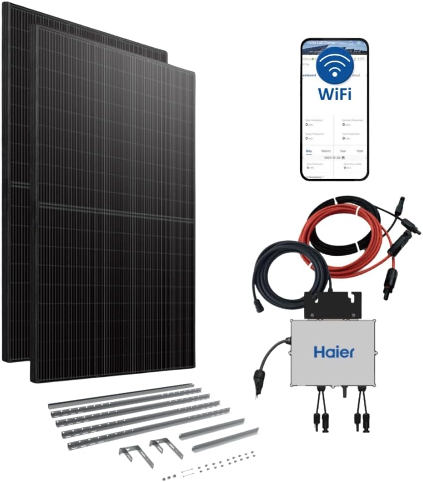 Haier 840 W Balkonkraftwerk inkl. sturmsicherer Balkon-Halterung, 800 W Stecker-Solaranlage mit 2x 420 W Modulen und Wechselrichter, 5 m Kabel, WiFi