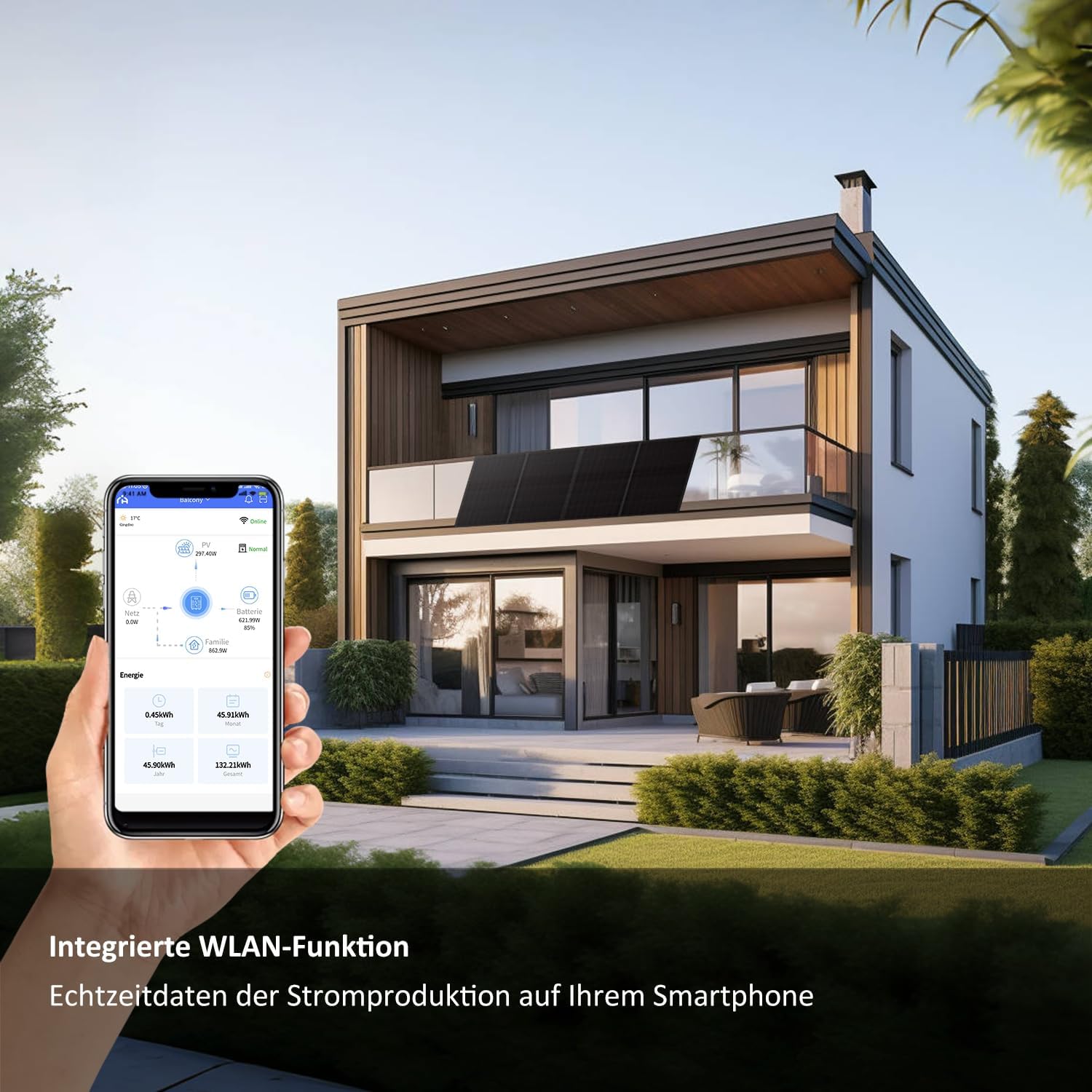 Haier 840 W Balkonkraftwerk inkl. sturmsicherer Balkon-Halterung, 800 W Stecker-Solaranlage mit 2x 420 W Modulen und Wechselrichter, 5 m Kabel, WiFi