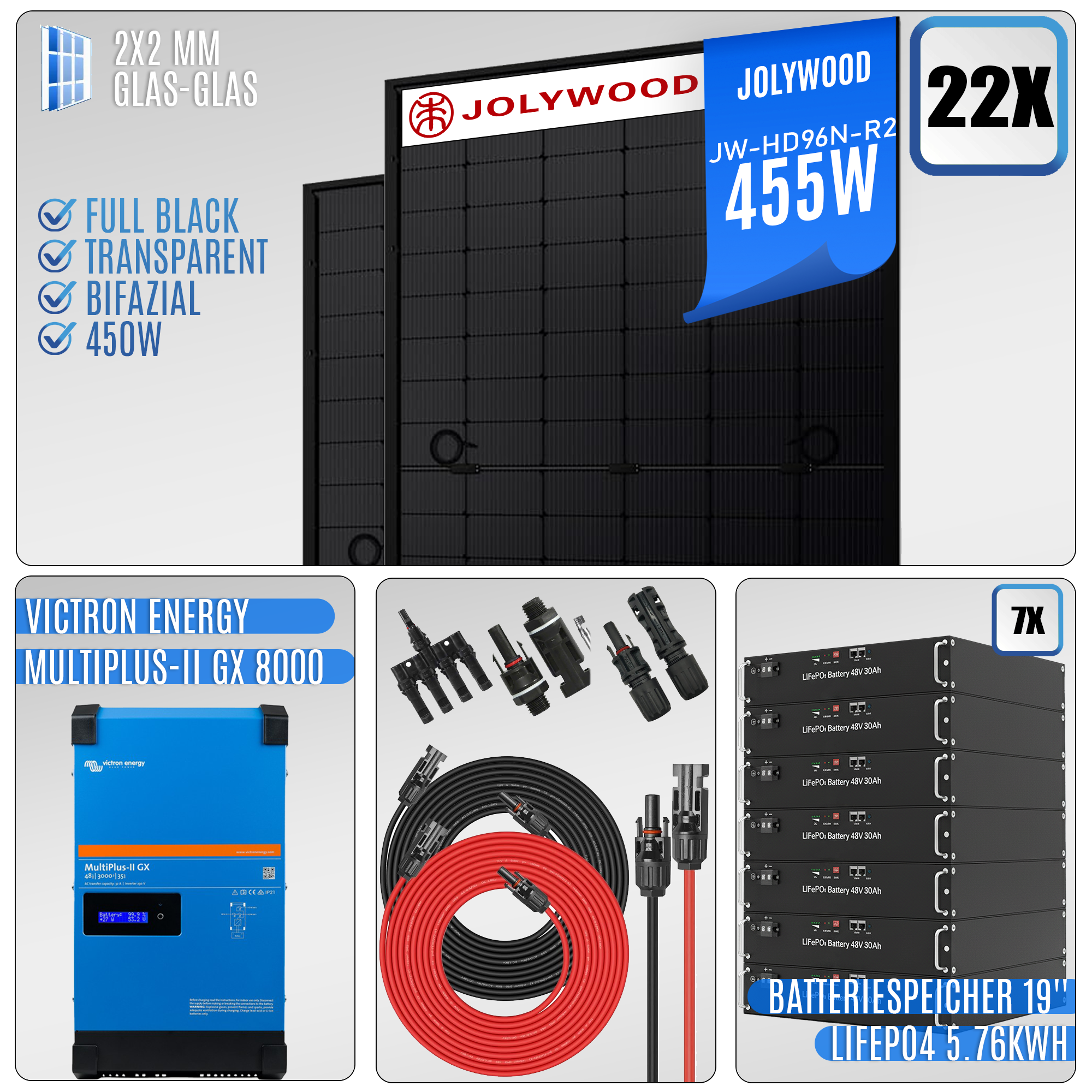 PV Komplettanlage-10KW-Victron MultiPlus-II GX 8000|22x Jolywood 455W|mit Speicher LiFePO4 10.08kWh