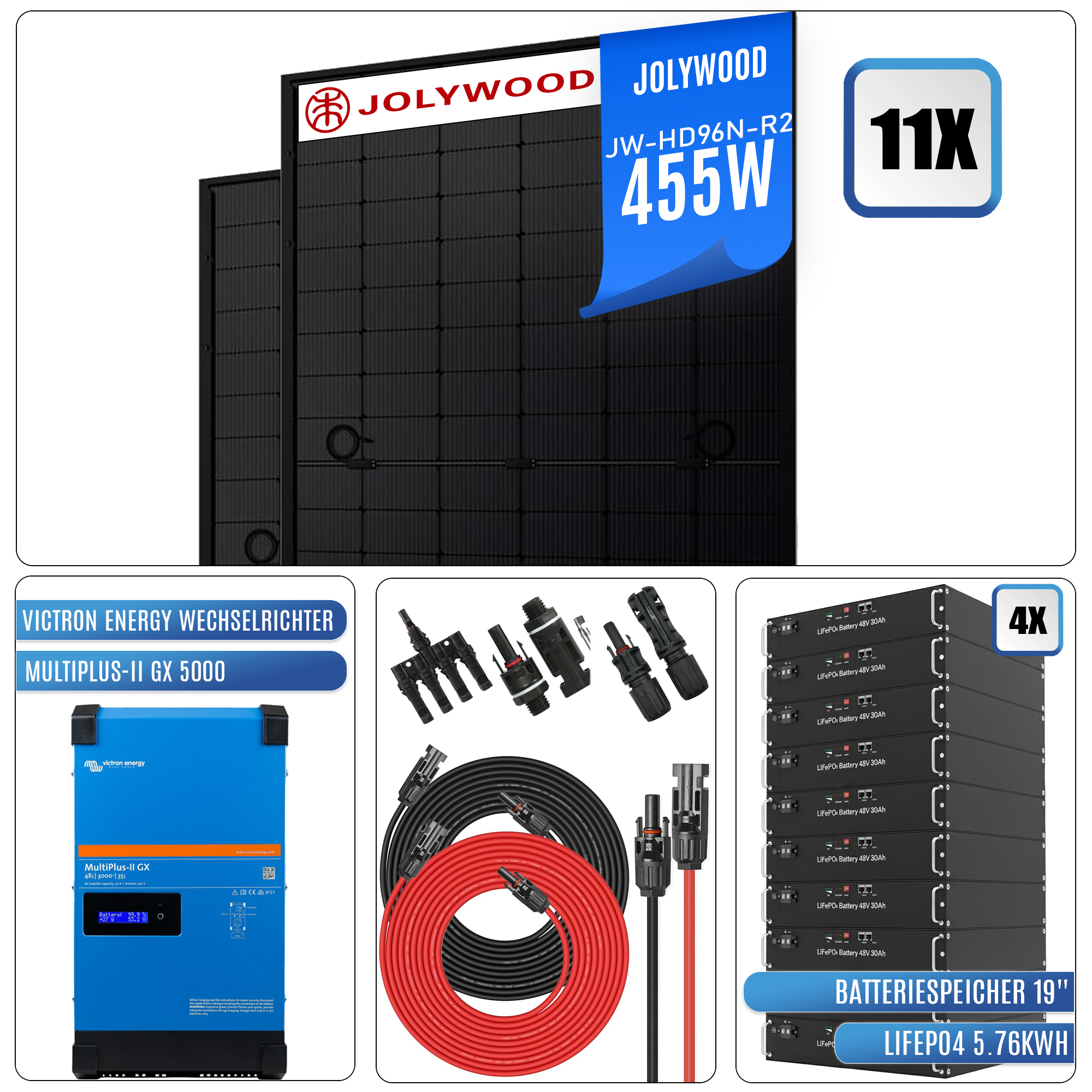 PV Komplettanlage-5KW-Victron MultiPlus-II GX 5000|11x Jolywood 455W|mit Speicher LiFePO4 5.76kWh