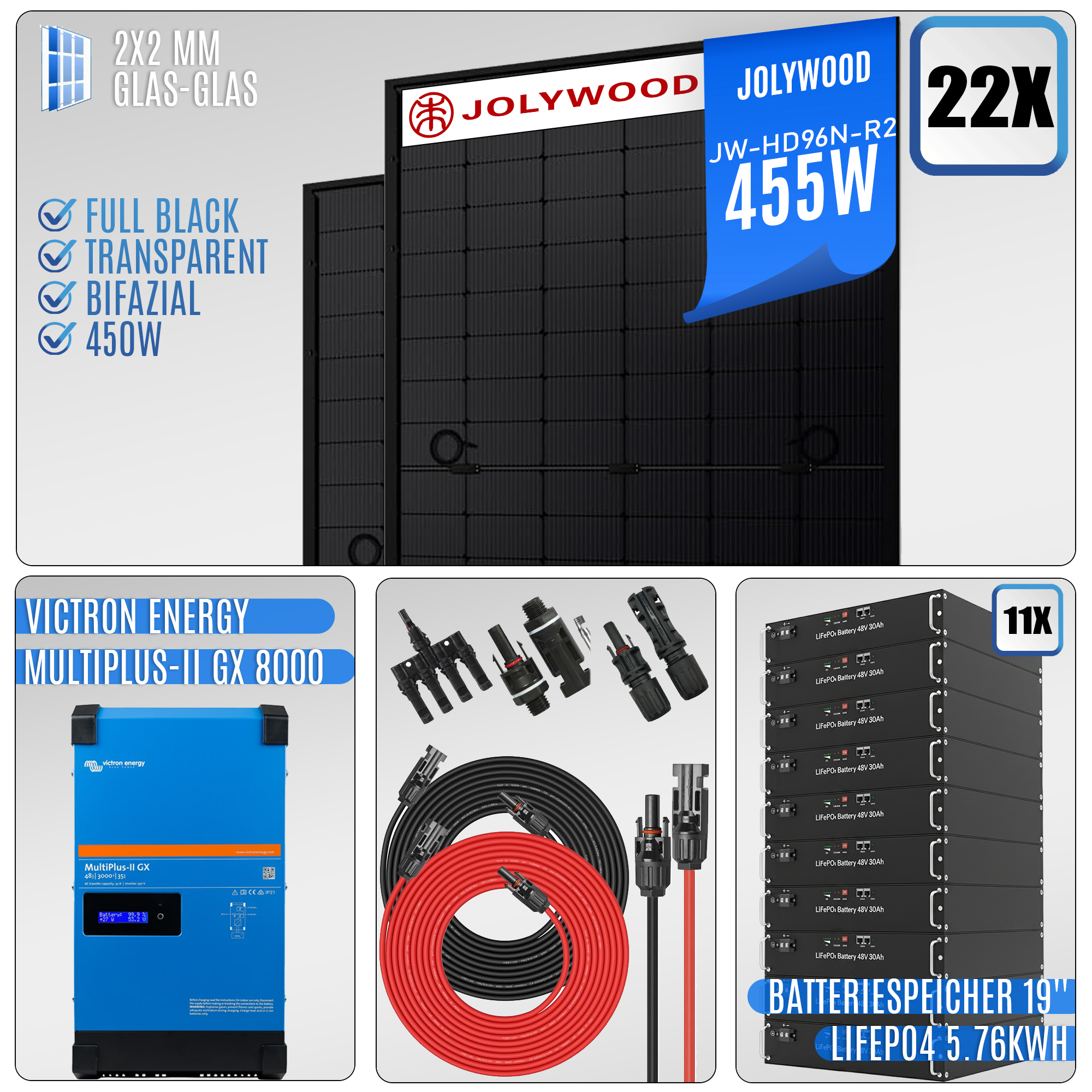 PV Komplettanlage-10KW-Victron MultiPlus-II GX 8000|22x Jolywood 455W|mit Speicher LiFePO4 15.84kWh