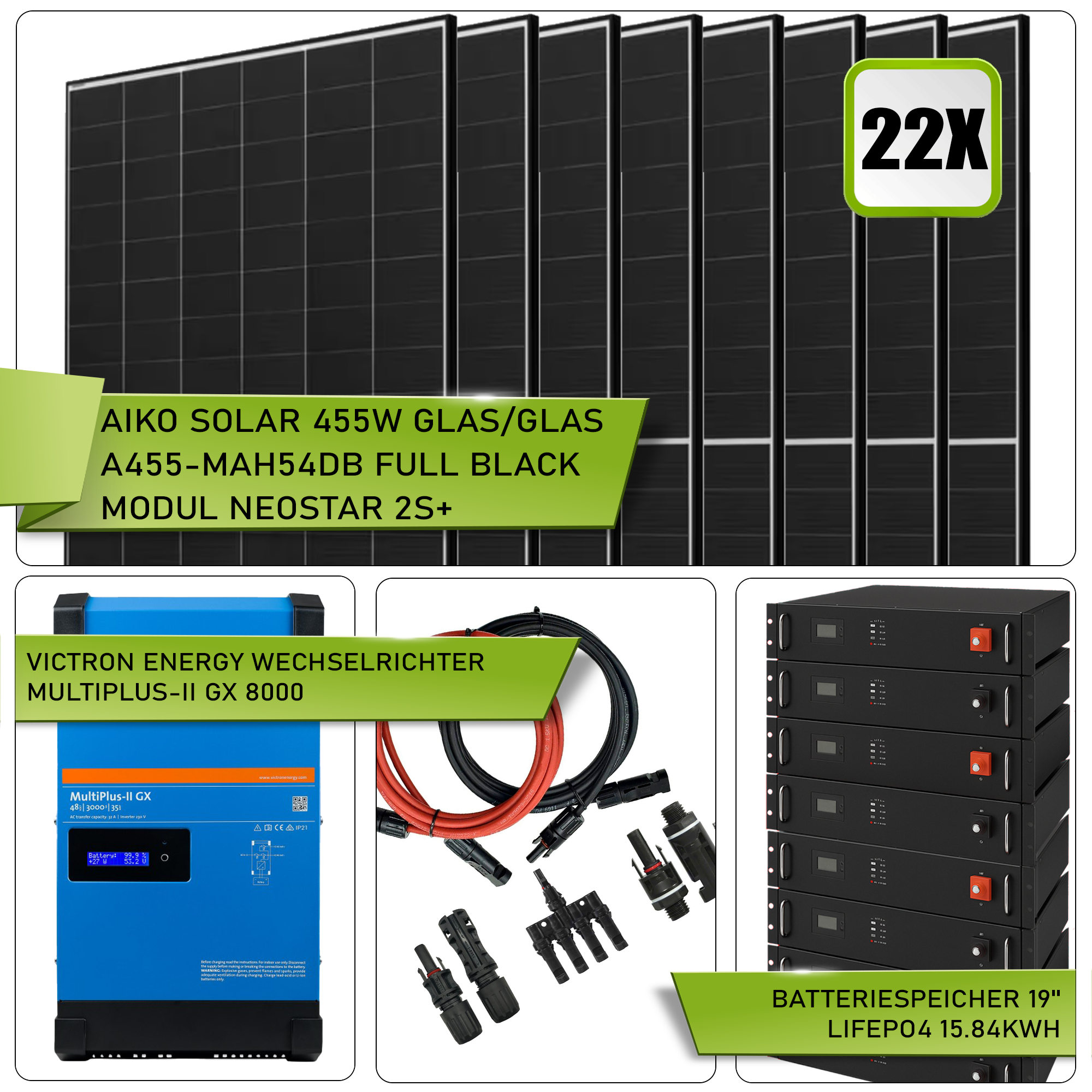 PV-10KW-Vict-Aiko. Victron MultiPlus-II GX 8000|22x Aiko 465W|mit Speicher LiFePO4 15.84kWh