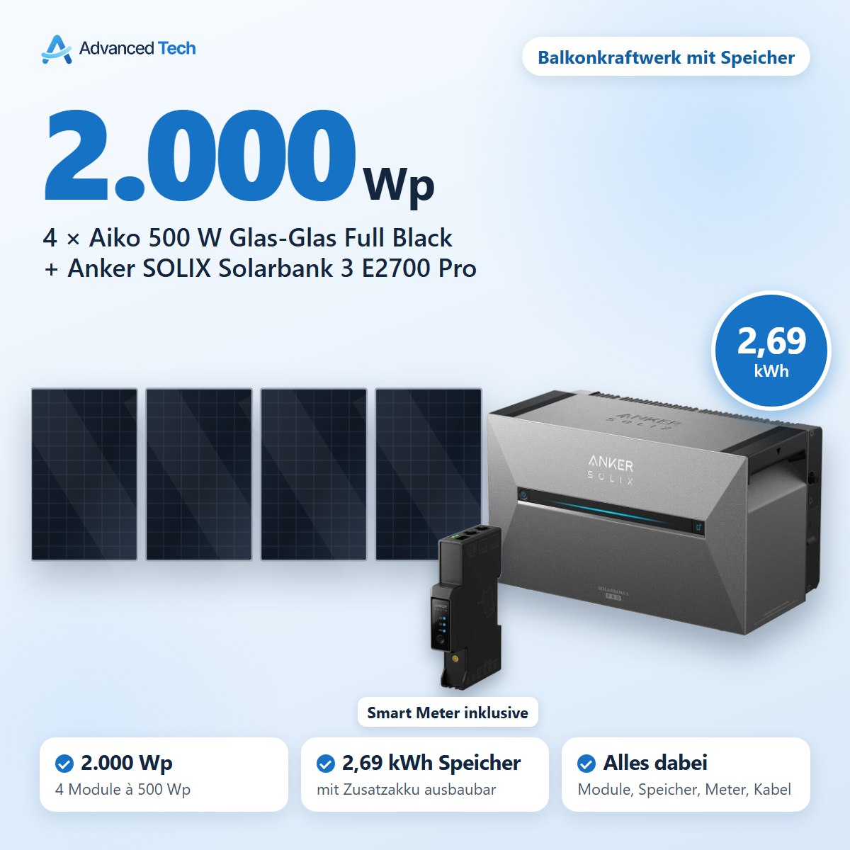 2.000 Wp Balkonkraftwerk mit Speicher: 4× Aiko 500 W + Solarbank 3 Pro